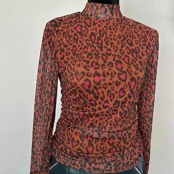 Farm Rio Women’s Top Leopard Pop Caramel Tulle Mesh Sheer Long Sleeve - Picture 7 of 11